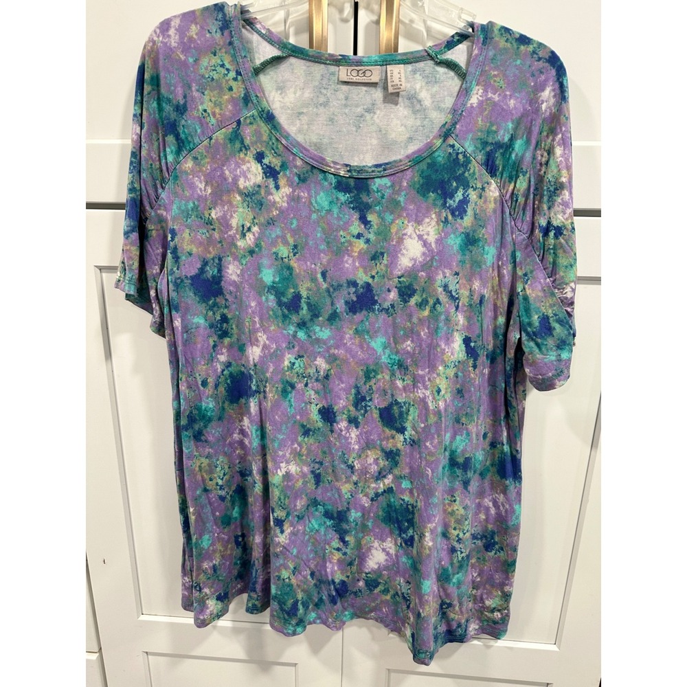 LOGO Lori Goldstein Womens Purple Teal Tie Dye Rayon Spandex Scoop Neck Tee‎ L